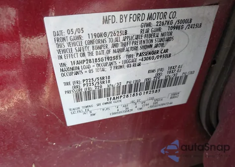 2005 Ford Five Hundred Limited из США, поврежденный, VIN 1FAHP28185G192585